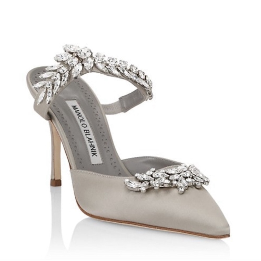 Manolo Blahnik 90 Crystal-Embellished Satin Mules
